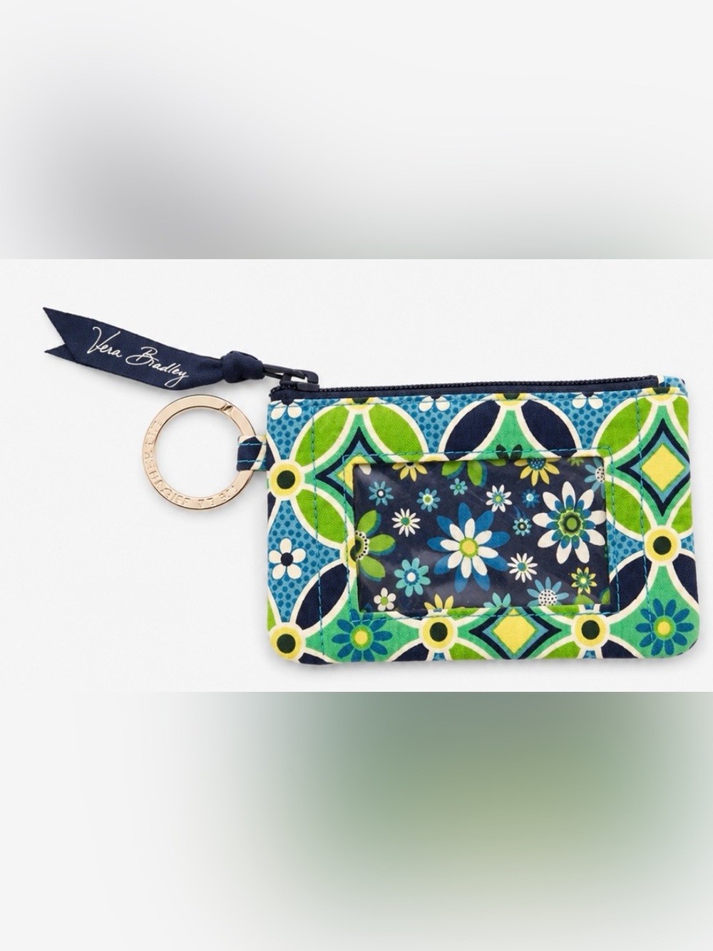 Vera Bradley Navy, Green & Turquoise Floral Mini ID Pouch with Keyring